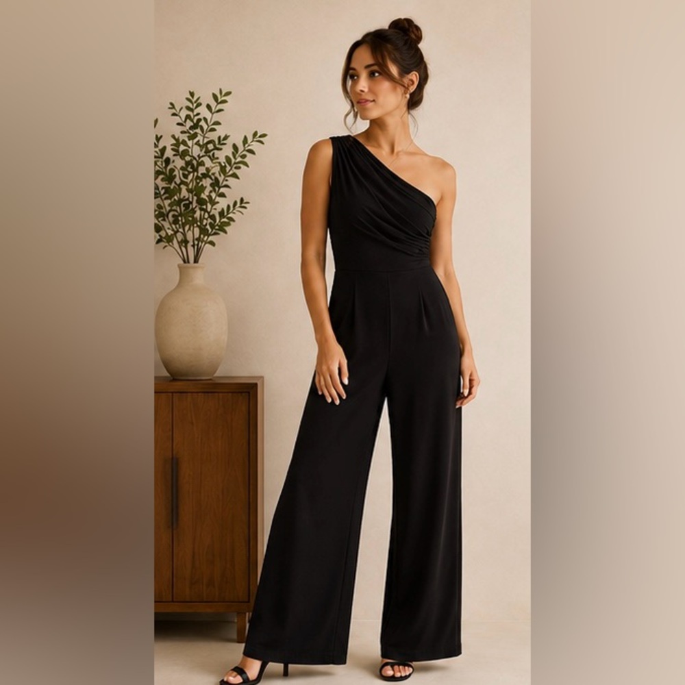 Express Black One Shoulder Draped Jumpsuit Women’s XS Wide Leg Stretchy